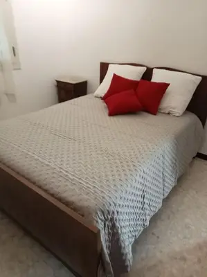 a bedroom with a bed with two red pillows at La garenne basse chez Sylvie in Saint-Didier