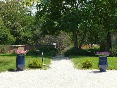 a path in a park with three blue containers with flowers at Le Mas Saint Jacques in Crillon-le-Brave