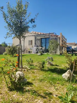 a house with a tree in a yard at Gite l'épinette in Saint-Saturnin-les-Apt
