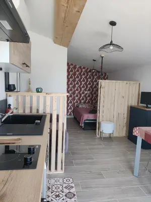 a room with a kitchen and a living room at Gite l'épinette in Saint-Saturnin-les-Apt