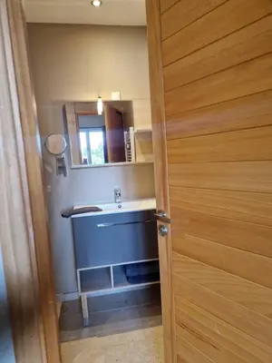 a bathroom with a sink and a wooden door at le mazet de LOÏS in Carpentras
