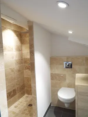 a bathroom with a toilet and a shower at Valentins cottage Moulin de Tartay Avignon in Avignon
