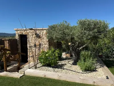 a garden with a tree and a building at Une nuit en Luberon et SPA in Puyvert