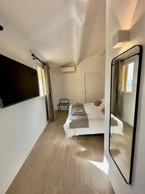 a bedroom with a bed and a large mirror at Centre Historique Appartement Climatisé avec terrasse in Aix-en-Provence