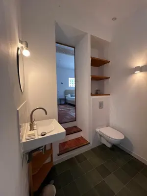 a bathroom with a sink and a toilet and a mirror at Bergerie in Montjustin