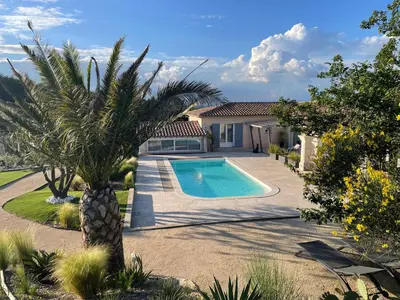 a palm tree in front of a house with a swimming pool at Studio le soleil couchant in Saint-Saturnin-lès-Avignon