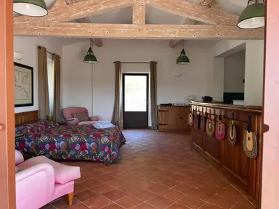 a bedroom with a bed and a chair and a table at Les Noyers in Montjustin