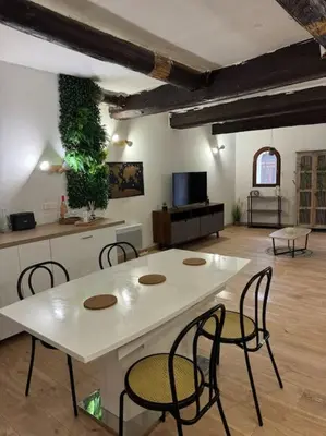 a living room with a white table and chairs at Appartement T2 Cosy centre-ville in Pernes-les-Fontaines