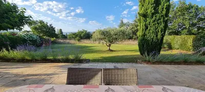 a view of a garden with a tree and a stone wall at Villa Trempadou in Gordes