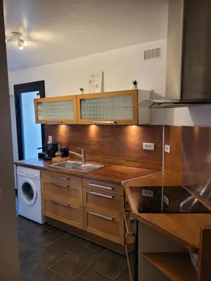 a kitchen with a sink and a washing machine at Appartement cosy avec exterieur au coeur de la Provence in Monteux