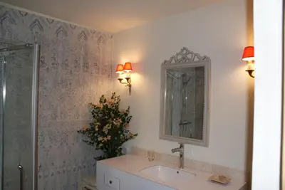 a bathroom with a sink and a mirror and a shower at L'Irisciabella in Lourmarin