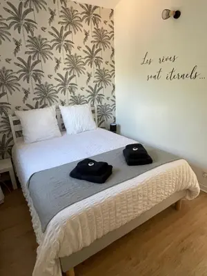a bedroom with a bed with two black hats on it at A l'ombre des oliviers in LʼIsle-sur-la-Sorgue