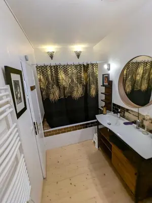 a bathroom with a sink and a shower curtain at Charme, vue et piscine naturelle in Vedène