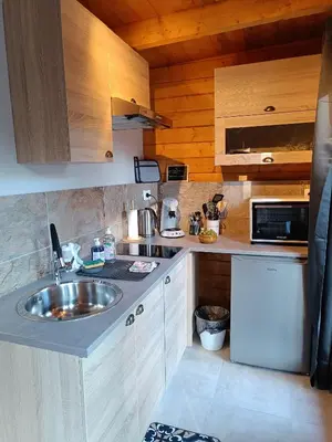 a kitchen with a sink and a microwave at Escapade sous les pins 20m2 in Aurons