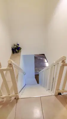 a white staircase in a white room with a plant at Maison provençale au milieu des champs in Robion en Luberon