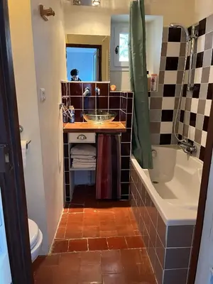 a bathroom with a sink and a tub and a toilet at Charmante petite maison à Murs in Murs