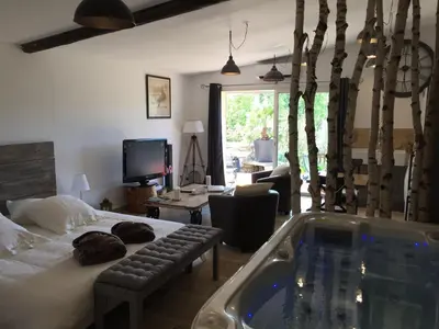 a living room with a tub in a bedroom at Domaine entier au havre de paix 4 chambres in Vauvenargues