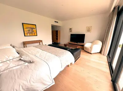 a bedroom with a bed and a flat screen tv at Belvédère Sainte Victoire in Saint-Marc-Jaumegarde