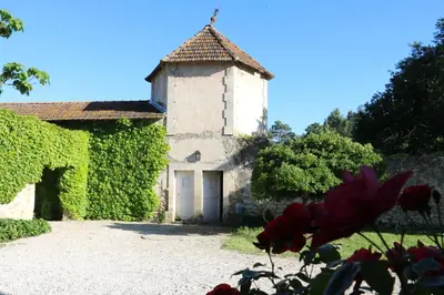 an old building with a white door and red flowers at Mas Provencal Monteux 84170 in Althen-des-Paluds