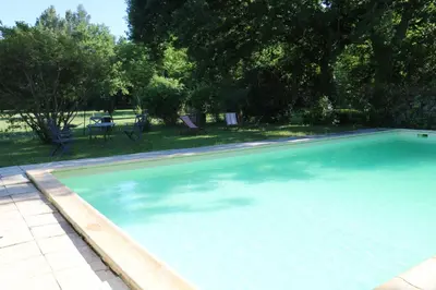 a large swimming pool with blue water in a yard at Mas Provencal Monteux 84170 in Althen-des-Paluds