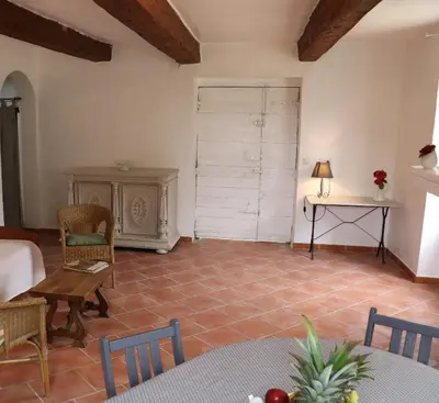 a living room with a fireplace and a table and chairs at Mas Provencal Monteux 84170 in Althen-des-Paluds