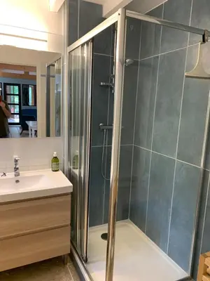 a bathroom with a shower and a sink at Maison du vallon de Galeye in La Roque-sur-Pernes