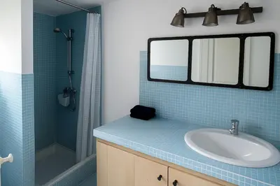 a bathroom with a sink and a shower at Le Cabanon Provençal Traditionnel Jardin Barbecue & Cheminée in Saumane-de-Vaucluse