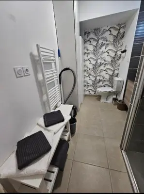 a corridor of a bathroom with two sinks and a toilet at Au petit coeur de l'isle in LʼIsle-sur-la-Sorgue