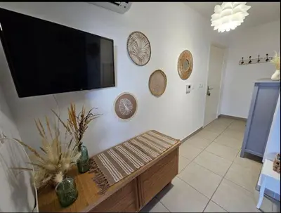 a living room with a flat screen tv on a wall at Au petit coeur de l'isle in LʼIsle-sur-la-Sorgue