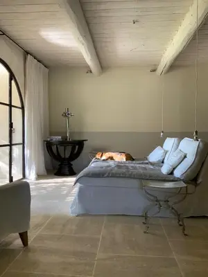 a bedroom with a bed with a dog laying on it at La Cour Intérieure Ménerbes in Ménerbes