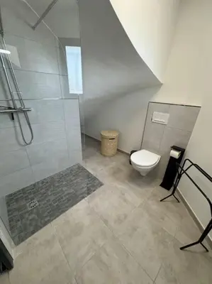 a bathroom with a shower and a toilet at Appartement neuf centre du village in Le Puy-Sainte-Réparade