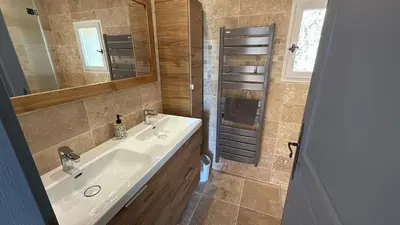 a bathroom with a sink and a mirror and a shower at Villa-Provence-Pont-Royal in Mallemort