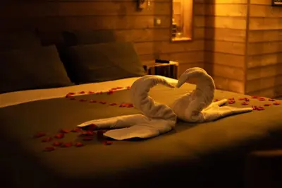 two white swans making a heart on a bed at Multiverse Suite immersive in Charleval