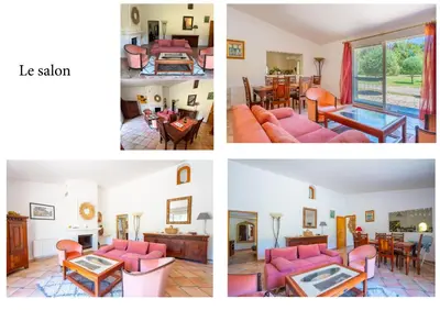 a collage of four pictures of a living room at Belle villa provençale et dépendances dans un domaine de 2 Ha piscine, sauna, balnéo in Grans