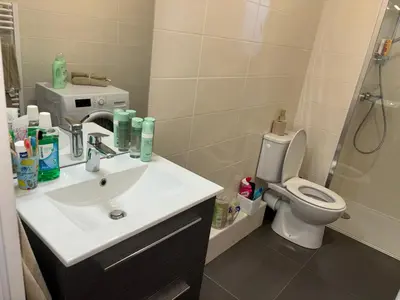 a bathroom with a sink and a toilet and a shower at Appartement T2 climatisé garage in Aix-en-Provence