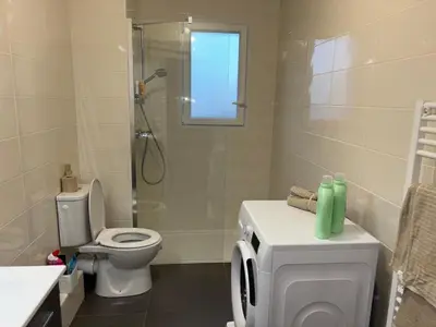 a bathroom with a shower and a toilet and a sink at Appartement T2 climatisé garage in Aix-en-Provence