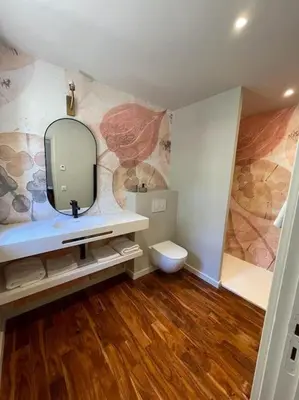 a bathroom with a sink and a mirror and a toilet at Bastide Farandole in Eygalières