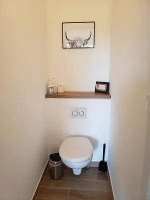 a bathroom with a toilet with a picture on the wall at Maisonnette au cœur de Lauris in Lauris