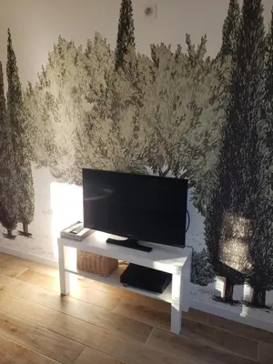 a flat screen tv on a white table in a room at Maisonnette au cœur de Lauris in Lauris
