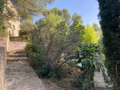 a garden with bushes and trees and a house at Le gîte sous les pins in Les Taillades
