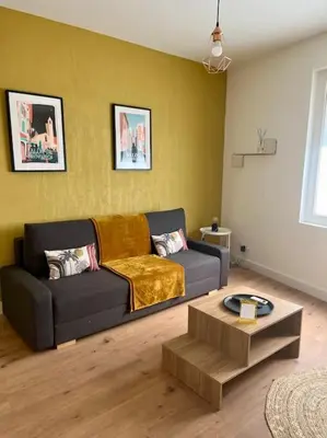 a living room with a couch and a coffee table at Appartement hyper centre climatisé in Salon-de-Provence