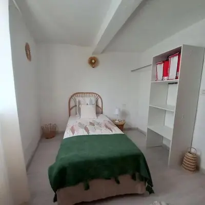 a white room with a bed with a green blanket at Le petit gîte de Rosalie in Blauvac