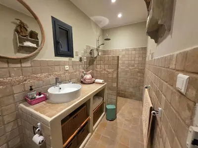 a bathroom with a sink and a toilet and a mirror at Moulin AURELIA in La Barben
