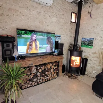 a living room with a tv and a fireplace at Maison Aix en Provence et grand jardin in Aix-en-Provence