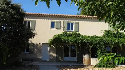 a house with a tree in front of it at Gîte au coeur du vignoble des Saumanes in Châteauneuf-de-Gadagne