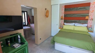 a bedroom with a bed and a flat screen tv at Studio climatisé - Terrasse, Plancha, Fibre in Aix-en-Provence