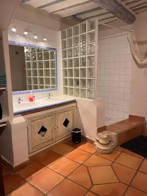 a bathroom with a tub and a sink and a window at Maison de ville avec rooftop vue sur le Ventoux in Monteux