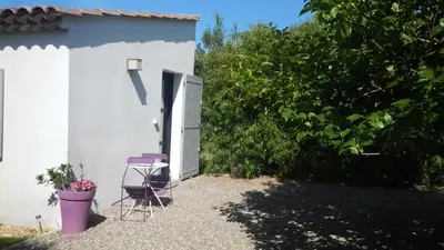 a pair of purple chairs sitting next to a building at le gîte Lou Jas in Eyragues