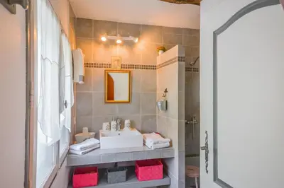 a bathroom with a sink and a shower at Chambres d'hôtes 