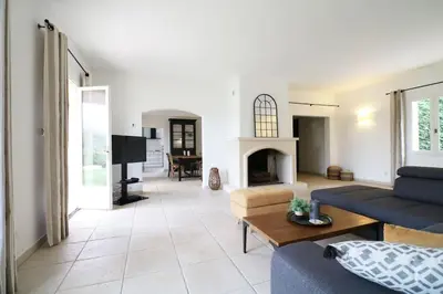 a living room with a couch and a fireplace at Villa l'Hestia avec piscine à l'Isle-sur-Sorgue in LʼIsle-sur-la-Sorgue